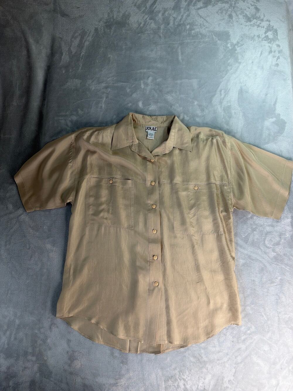 Vintage JOULE Silk Shirt Women’s Beige Champagne Short Sleeve Button Up 22x26